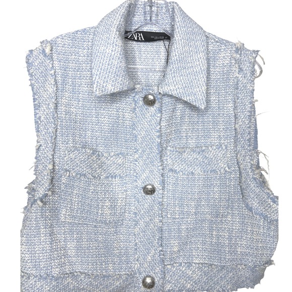 Zara Jackets & Blazers - ZARA Light Blue White Tweed Fringe Vest Jacket Size L women New no‎ tags